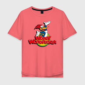 Мужская футболка хлопок Oversize с принтом Дятел Вуди лого в Санкт-Петербурге, 100% хлопок | свободный крой, круглый ворот, “спинка” длиннее передней части | animals | cartoon | character | head | laughter | logo | woody woodpecker | дятел вуди | животные | лого | мультики | персонаж | смех