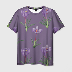 Мужская футболка 3D с принтом Цветы шафрана на фиолетовом в Екатеринбурге, 100% полиэфир | прямой крой, круглый вырез горловины, длина до линии бедер | 8 марта | flowers | march 8 | spring | ботаническая иллюстрация | весна | день рождения | зеленый | лето | любовь | праздник | принт | природа | растения | фиолетовый | цветы | шафран