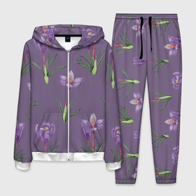 Мужской костюм 3D с принтом Цветы шафрана на фиолетовом в Новосибирске, 100% полиэстер | Манжеты и пояс оформлены тканевой резинкой, двухслойный капюшон со шнурком для регулировки, карманы спереди | Тематика изображения на принте: 8 марта | flowers | march 8 | spring | ботаническая иллюстрация | весна | день рождения | зеленый | лето | любовь | праздник | принт | природа | растения | фиолетовый | цветы | шафран