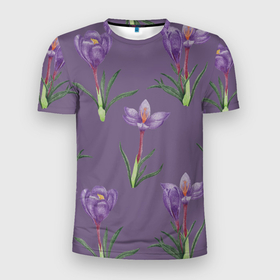 Мужская футболка 3D спортивная с принтом Цветы шафрана на фиолетовом в Курске, 100% полиэстер с улучшенными характеристиками | приталенный силуэт, круглая горловина, широкие плечи, сужается к линии бедра | 8 марта | flowers | march 8 | spring | ботаническая иллюстрация | весна | день рождения | зеленый | лето | любовь | праздник | принт | природа | растения | фиолетовый | цветы | шафран