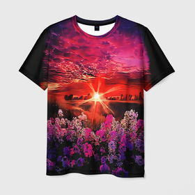 Мужская футболка 3D с принтом МАЛИНОВЫЙ ЗАКАТ в Тюмени, 100% полиэфир | прямой крой, круглый вырез горловины, длина до линии бедер | деревья | лес | луг | лучи | небо | облака | пейзаж | поле | природа | рисунок | солнце | цветы