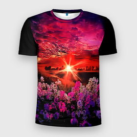 Мужская футболка 3D спортивная с принтом МАЛИНОВЫЙ ЗАКАТ в Кировске, 100% полиэстер с улучшенными характеристиками | приталенный силуэт, круглая горловина, широкие плечи, сужается к линии бедра | деревья | лес | луг | лучи | небо | облака | пейзаж | поле | природа | рисунок | солнце | цветы