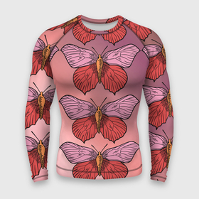 Мужской рашгард 3D с принтом Розовый принт с бабочками ,  |  | бабочки | градиент | грустый | меланхолия | мотылек | насекомые | розовый | цветочки