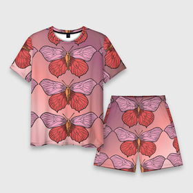 Мужской костюм с шортами 3D с принтом Розовый принт с бабочками в Курске,  |  | бабочки | градиент | грустый | меланхолия | мотылек | насекомые | розовый | цветочки