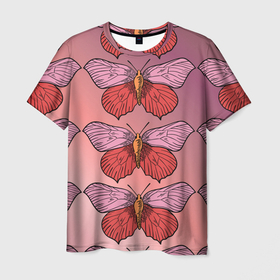 Мужская футболка 3D с принтом Розовый принт с бабочками  в Екатеринбурге, 100% полиэфир | прямой крой, круглый вырез горловины, длина до линии бедер | бабочки | градиент | грустый | меланхолия | мотылек | насекомые | розовый | цветочки