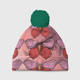 Шапка 3D c помпоном с принтом Розовый принт с бабочками  в Новосибирске, 100% полиэстер | универсальный размер, печать по всей поверхности изделия | бабочки | градиент | грустый | меланхолия | мотылек | насекомые | розовый | цветочки