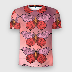 Мужская футболка 3D спортивная с принтом Розовый принт с бабочками  в Белгороде, 100% полиэстер с улучшенными характеристиками | приталенный силуэт, круглая горловина, широкие плечи, сужается к линии бедра | бабочки | градиент | грустый | меланхолия | мотылек | насекомые | розовый | цветочки