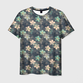 Мужская футболка 3D с принтом Цветочный ретро узор  в Петрозаводске, 100% полиэфир | прямой крой, круглый вырез горловины, длина до линии бедер | бирюзовый | детский | для девочек | разноцветный | ретро | серый | цветочный узор | цветы