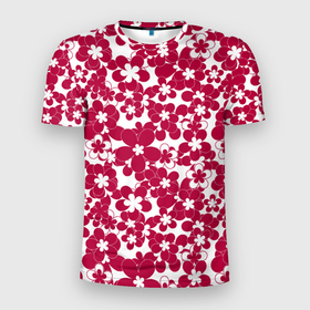Мужская футболка 3D спортивная с принтом Бело-красный цветочный  в Белгороде, 100% полиэстер с улучшенными характеристиками | приталенный силуэт, круглая горловина, широкие плечи, сужается к линии бедра | детский | для девочек | красные цветы | красный и белый | летний | малышам | цветочный узор
