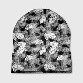 Шапка 3D с принтом Черно-белый узор шишки в Тюмени, 100% полиэстер | универсальный размер, печать по всей поверхности изделия | Тематика изображения на принте: елка | кедровый | лесной | модный | природа | тайга | черно белый | шишки
