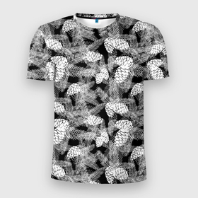 Мужская футболка 3D спортивная с принтом Черно-белый узор шишки в Новосибирске, 100% полиэстер с улучшенными характеристиками | приталенный силуэт, круглая горловина, широкие плечи, сужается к линии бедра | Тематика изображения на принте: елка | кедровый | лесной | модный | природа | тайга | черно белый | шишки