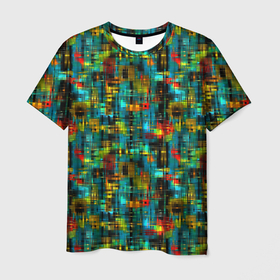 Мужская футболка 3D с принтом Разноцветные штрихи на бирюзе в Курске, 100% полиэфир | прямой крой, круглый вырез горловины, длина до линии бедер | абстрактный | бирюзовый | вкрапления | детский | красный | модный | молодежный | штрихи