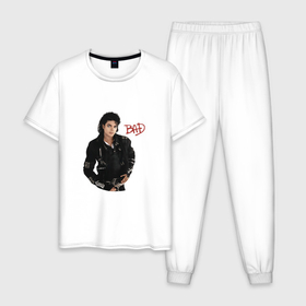 Мужская пижама хлопок с принтом BAD. Майкл Джексон в Екатеринбурге, 100% хлопок | брюки и футболка прямого кроя, без карманов, на брюках мягкая резинка на поясе и по низу штанин
 | bad | michael jackson | бэд | король | майкл джексон | поп король