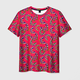 Мужская футболка 3D с принтом Бабочки на красном в Новосибирске, 100% полиэфир | прямой крой, круглый вырез горловины, длина до линии бедер | веселый узор | весенний | детский | для девочек | красный | летний | лето | малышам | разноцветный узор