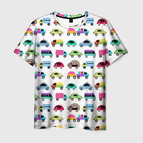 Мужская футболка 3D с принтом Веселые машинки  в Тюмени, 100% полиэфир | прямой крой, круглый вырез горловины, длина до линии бедер | веселый узор | детские игрушки | детский узор | малышам | мальчикам | машины | разноцветные машины