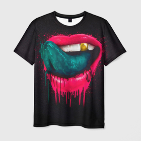 Мужская футболка 3D с принтом Ядовитый поцелуй в Екатеринбурге, 100% полиэфир | прямой крой, круглый вырез горловины, длина до линии бедер | Тематика изображения на принте: арт | губы | иллюстрация | улыбка | язык