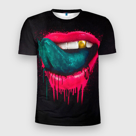 Мужская футболка 3D спортивная с принтом Ядовитый поцелуй в Петрозаводске, 100% полиэстер с улучшенными характеристиками | приталенный силуэт, круглая горловина, широкие плечи, сужается к линии бедра | арт | губы | иллюстрация | улыбка | язык