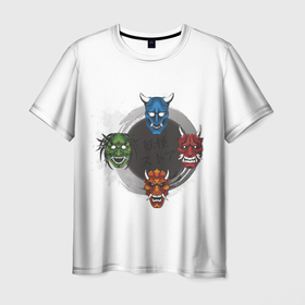 Мужская футболка 3D с принтом Маски Они , 100% полиэфир | прямой крой, круглый вырез горловины, длина до линии бедер | аниме | маска | мистика | они | праздник | хэллоуин | япония