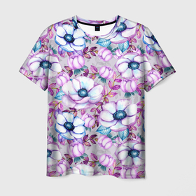 Мужская футболка 3D с принтом Анемоны - цветочный ковер в Санкт-Петербурге, 100% полиэфир | прямой крой, круглый вырез горловины, длина до линии бедер | акварель | акварельный | анемон | анемоны | ковер | листья | сиреневый | цветочки | цветочный | цветы