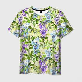 Мужская футболка 3D с принтом Глициния на бежевом фоне в Новосибирске, 100% полиэфир | прямой крой, круглый вырез горловины, длина до линии бедер | акварель | акварельный | беж | бежевый | глициния | женственная | женственный | листва | листья | сад | цветочки | цветочный | цветы