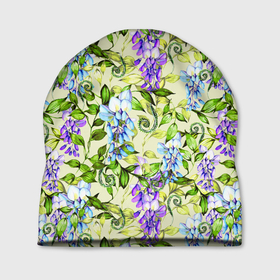 Шапка 3D с принтом Глициния на бежевом фоне в Курске, 100% полиэстер | универсальный размер, печать по всей поверхности изделия | акварель | акварельный | беж | бежевый | глициния | женственная | женственный | листва | листья | сад | цветочки | цветочный | цветы