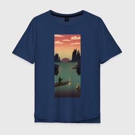 Мужская футболка хлопок Oversize с принтом Утро в Санкт-Петербурге, 100% хлопок | свободный крой, круглый ворот, “спинка” длиннее передней части | горы | деревня | лодка | река | рыбак | сваи | утро