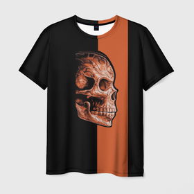 Мужская футболка 3D с принтом Череп в Курске, 100% полиэфир | прямой крой, круглый вырез горловины, длина до линии бедер | готика | готический стиль | готический череп | мертвец | нежить | нечисть | оранжевая полоса | черный фон
