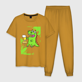Мужская пижама хлопок с принтом Пивозавр - Краска в Тюмени, 100% хлопок | брюки и футболка прямого кроя, без карманов, на брюках мягкая резинка на поясе и по низу штанин
 | dinosaur | pivo | pivozavr | динозавр | краска | прикол