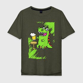 Мужская футболка хлопок Oversize с принтом Пивозавр - Краска в Тюмени, 100% хлопок | свободный крой, круглый ворот, “спинка” длиннее передней части | dinosaur | pivo | pivozavr | динозавр | краска | прикол