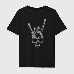 Мужская футболка хлопок Oversize с принтом Рок Череп в Екатеринбурге, 100% хлопок | свободный крой, круглый ворот, “спинка” длиннее передней части | жест коза | жесты | металлист | пальцы | рок | рука | череп