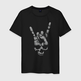 Мужская футболка хлопок с принтом Рок Череп в Санкт-Петербурге, 100% хлопок | прямой крой, круглый вырез горловины, длина до линии бедер, слегка спущенное плечо. | жест коза | жесты | металлист | пальцы | рок | рука | череп