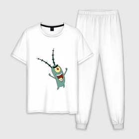 Мужская пижама хлопок с принтом Планктон! в Новосибирске, 100% хлопок | брюки и футболка прямого кроя, без карманов, на брюках мягкая резинка на поясе и по низу штанин
 | букашка | злобный учёный | одноглазый | планктон | улыбка. | шелдон джей