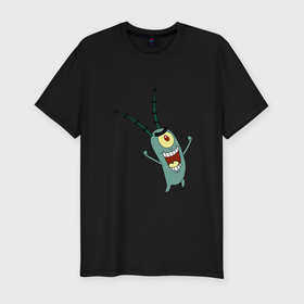 Мужская футболка хлопок Slim с принтом Планктон! , 92% хлопок, 8% лайкра | приталенный силуэт, круглый вырез ворота, длина до линии бедра, короткий рукав | букашка | злобный учёный | одноглазый | планктон | улыбка. | шелдон джей