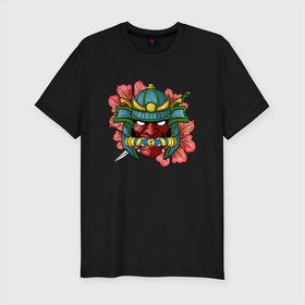 Мужская футболка хлопок Slim с принтом Evil Samurai в городе Новоалтайск, 92% хлопок, 8% лайкра | приталенный силуэт, круглый вырез ворота, длина до линии бедра, короткий рукав | evil | samurai | зеленый | злой | самурай