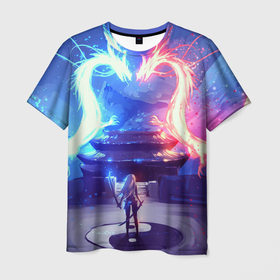 Мужская футболка 3D с принтом БИТВА ДРАКОНОВ , 100% полиэфир | прямой крой, круглый вырез горловины, длина до линии бедер | аниме | битва | девушка | драконы | меч | неон