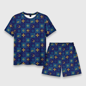 Мужской костюм с шортами 3D с принтом Синий клетчатый узор плед в Санкт-Петербурге,  |  | детский | звезды | космический | луна | ночь | пижамный | синий | синий и желтый