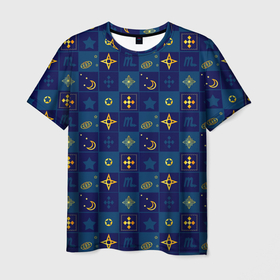 Мужская футболка 3D с принтом Синий клетчатый узор-плед в Екатеринбурге, 100% полиэфир | прямой крой, круглый вырез горловины, длина до линии бедер | Тематика изображения на принте: детский | звезды | космический | луна | ночь | пижамный | синий | синий и желтый