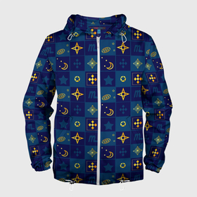 Мужская ветровка 3D с принтом Синий клетчатый узор-плед в Екатеринбурге, 100% полиэстер | подол и капюшон оформлены резинкой с фиксаторами, два кармана без застежек по бокам, один потайной карман на груди | Тематика изображения на принте: детский | звезды | космический | луна | ночь | пижамный | синий | синий и желтый
