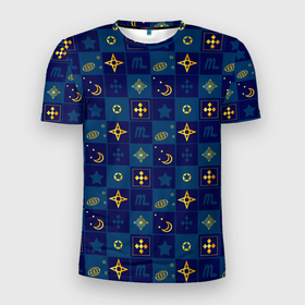 Мужская футболка 3D спортивная с принтом Синий клетчатый узор-плед в Екатеринбурге, 100% полиэстер с улучшенными характеристиками | приталенный силуэт, круглая горловина, широкие плечи, сужается к линии бедра | Тематика изображения на принте: детский | звезды | космический | луна | ночь | пижамный | синий | синий и желтый