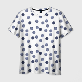 Мужская футболка 3D с принтом Акварельный синий горох в Белгороде, 100% полиэфир | прямой крой, круглый вырез горловины, длина до линии бедер | акварельный | акварельный узор | белый и синий | в горошек | горох | синий горох | темно синий горох
