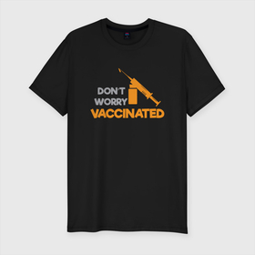 Мужская футболка хлопок Slim с принтом Vaccinated в Екатеринбурге, 92% хлопок, 8% лайкра | приталенный силуэт, круглый вырез ворота, длина до линии бедра, короткий рукав | coronavirus | covid19 | virus | вакцина | вакцинация | вирус | грипп | заражение | здоровье | иммунитет | инфекция | карантин | корона | коронавирус | маска | пандемия | прививка | самоизоляция | спутник