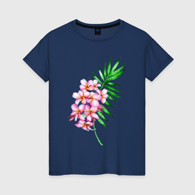 Женская футболка хлопок с принтом Цветущая ветка. Акварель в Тюмени, 100% хлопок | прямой крой, круглый вырез горловины, длина до линии бедер, слегка спущенное плечо | акварель | акварельный | лист | пальмовый | тропики | тропический | цветочки | цветочный | цветы | экзотика | экзотический