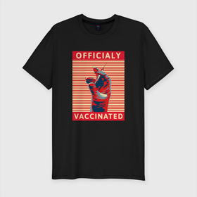 Мужская футболка хлопок Slim с принтом Официально вакцинирован в Тюмени, 92% хлопок, 8% лайкра | приталенный силуэт, круглый вырез ворота, длина до линии бедра, короткий рукав | coronavirus | covid19 | virus | вакцина | вакцинация | вирус | грипп | заражение | здоровье | иммунитет | инфекция | карантин | корона | коронавирус | маска | пандемия | прививка | самоизоляция | спутник