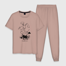 Мужская пижама хлопок с принтом Курьер - Заяц 2 в Петрозаводске, 100% хлопок | брюки и футболка прямого кроя, без карманов, на брюках мягкая резинка на поясе и по низу штанин
 | reminor | заяц | курьер | мультфильм