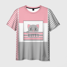 Мужская футболка 3D с принтом Котенок . Kitty в Екатеринбурге, 100% полиэфир | прямой крой, круглый вырез горловины, длина до линии бедер | детская иллюстрация | детский | для девочки | звезды | кот | маленький котенок | малышам | розовый | серый | серый и розовый