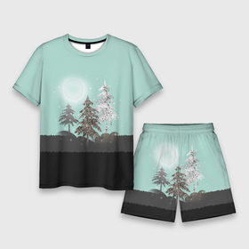 Мужской костюм с шортами 3D с принтом Лес. Мозаичный узор в Новосибирске,  |  | бирюзовый | елка | ель | зима | картина | лес | луна горы | мозаика | новогодний | холмы