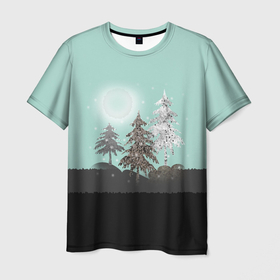 Мужская футболка 3D с принтом Лес. Мозаичный узор  в Новосибирске, 100% полиэфир | прямой крой, круглый вырез горловины, длина до линии бедер | Тематика изображения на принте: бирюзовый | елка | ель | зима | картина | лес | луна горы | мозаика | новогодний | холмы