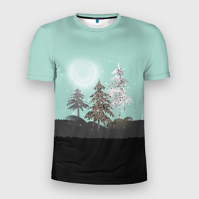 Мужская футболка 3D спортивная с принтом Лес. Мозаичный узор  в Курске, 100% полиэстер с улучшенными характеристиками | приталенный силуэт, круглая горловина, широкие плечи, сужается к линии бедра | бирюзовый | елка | ель | зима | картина | лес | луна горы | мозаика | новогодний | холмы