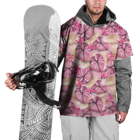 Накидка на куртку 3D с принтом Розовый тропический узор в Тюмени, 100% полиэстер |  | Тематика изображения на принте: бежевый | листья | пальмовые листья | розовые цветы | розовый | тропические цветы | цветочный