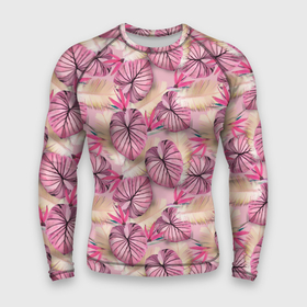 Мужской рашгард 3D с принтом Розовый тропический узор в Курске,  |  | Тематика изображения на принте: бежевый | листья | пальмовые листья | розовые цветы | розовый | тропические цветы | цветочный